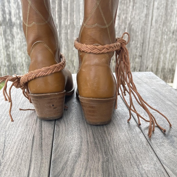 ACME Western Cowboy Boots Women 7.5 D Brown Leather Fringe Rope Stacked Heel USA - Picture 14 of 14